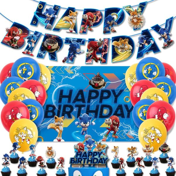 Sonic Bursdagstema Festdekorasjon Tegneserie Trekk Flagg Sett med Ballonger
