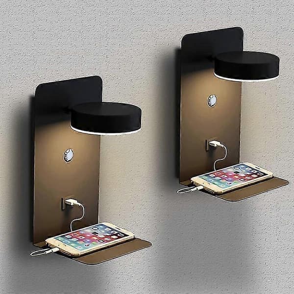 2-pakning LED Innendørs Vegglampe med Bryter og USB-Grensesnitt, 12W Trefarget Dimbar Sengelampe 330 Justerbar Veggleselampe, Leselys