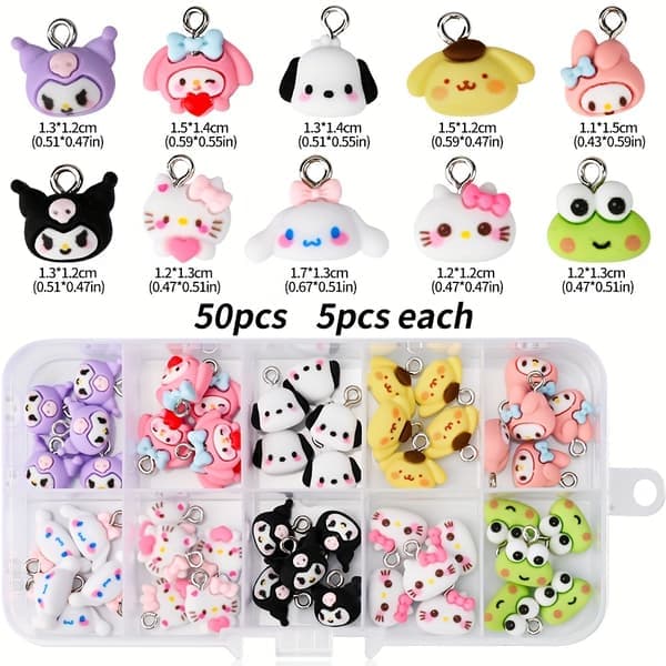 50 stk. Sanrio for hello kitty & Friends 3D-anheng i resin - Søte tegneseriefiguranheng for DIY-smykkefremstilling, bedårende for kuromi, Melody