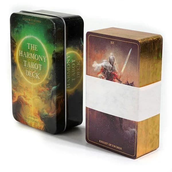 The Harmony Tarot Deck, 78 oppgraderte gullbelagte tarotkort med kant i en metallboks brettspill for fest og personlig underholdning