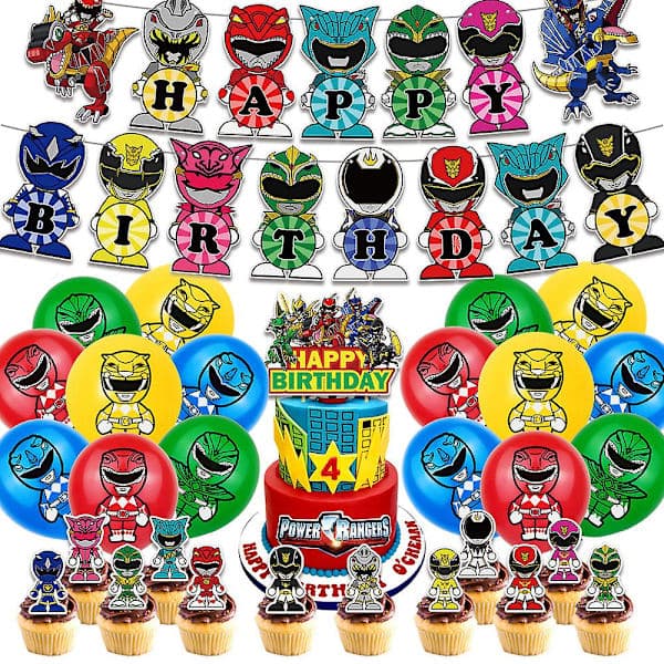 Barnefestpynt Power Rangers, Tegneserie-TV-show-temafestgaver og -utstyr, inkluderer ballonger, banner, kaketopper