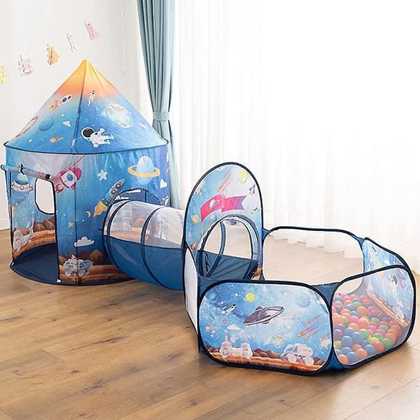 Barnelektelt, babytunnel og ballbasseng for barn, pop-up-telt egnet for innendørs og utendørs bruk for gutter og jenter (romrakett)