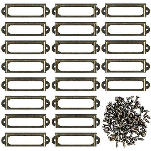50 stk metallskiltholdere for møbelskuffer, skap, kort, navneskilt, rammer med skruer for skrivebord, bokhylle, bokhyller, hyller i bronse (S 59 x 17