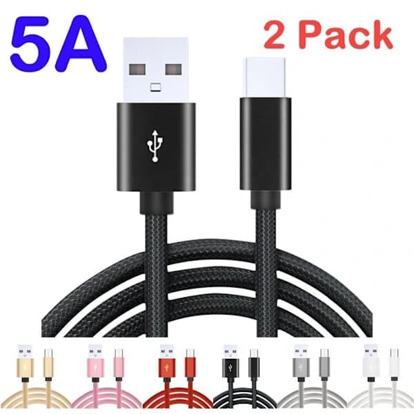 NA/2-pakning USB-C 5A Ladekabel 2M Hurtiglading Ekstra Lang Svart