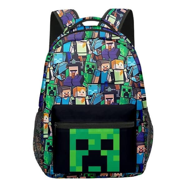 Minecraft Ryggsekk for Gutter | Svart Skolesekk for Barn | Grønn Creeper Zombie Skjelett Enderman & Hulespindel