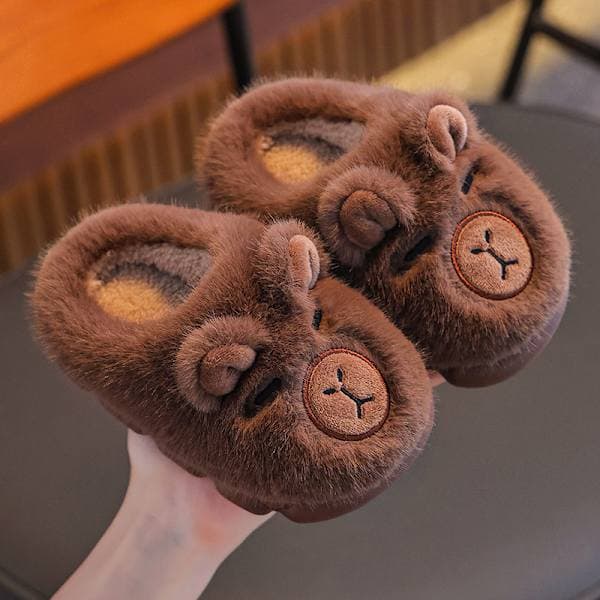 Capybara Barnesko Bomullstøfler, Bomull, Vintervarme, Fleecefôret, Hjemme- og Foreldre-Barn-Tøfler - Mørkebrun - Størrelse 32-33