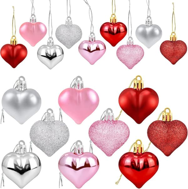 36 stk. Valentins hjerteformede ornamenter - Valentins hjertepynt - Røde rosa sølv glitter hjerteformede kuler - Romantisk jul Valentinsdag