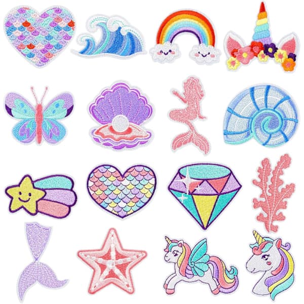 16 stk. Unicorn Mermaid Stryke på-merker for barn Jenter Søte hjerte Sommerfugl Bølge Regnbue Broderte Stryke på-merker for klær Ryggsekk Jeans