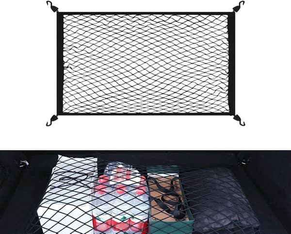 Bagasjenett for bil 60x40cm med 4 kroker, elastisk lastenett, bagasjenettorganisator, oppbevaringsnett for bil for lastebiler og SUV-er