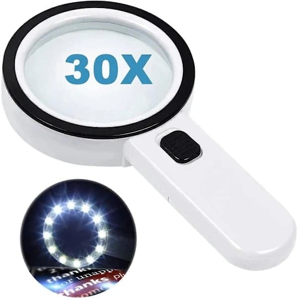 Forstørrelsesglass med 12 LED-lys, 30X dobbeltlinse håndholdt belyst forstørrelsesglass leseforstørrelsesglass for seniorer lesing, kart