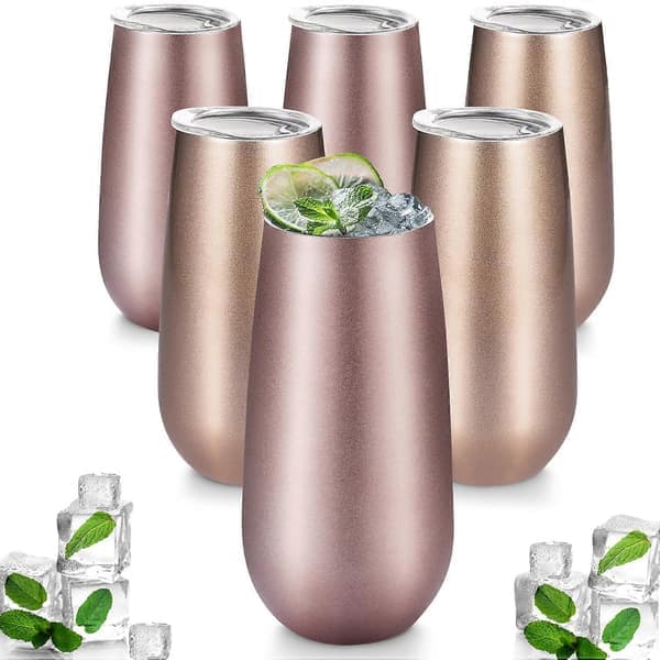 Champagne Tumbler Stilkfrie Fløyter 6 Stykker Dobbeltisolert Rustfritt Stål Mini Cocktailkopper Rosegull for Kaffe Vin 6oz (LGL)