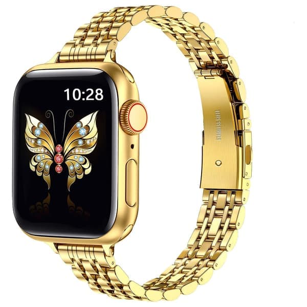 Ultratynn metallreim kompatibel med Apple Watch-reim 42 mm (Series 10) 41 mm 40 mm 38 mm, elegant lenke i rustfritt stål (gull)