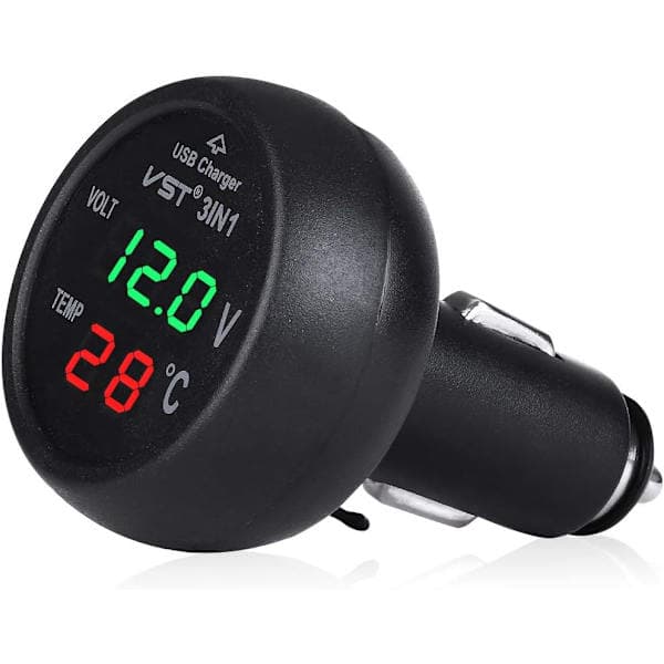 12-24 V billaddaruttag med USB-port/voltmeter/termometer for biler (grønn + rød)