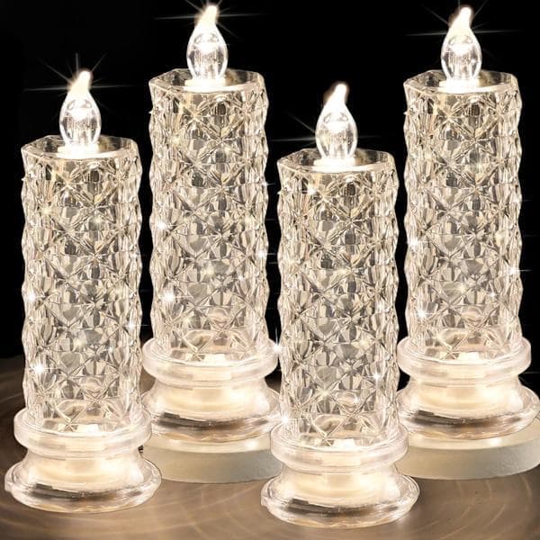 4 stk. batteridrevne LED-lys med roseholder, flammeløse søylelys for Valentinsdag/frieri/jubileum