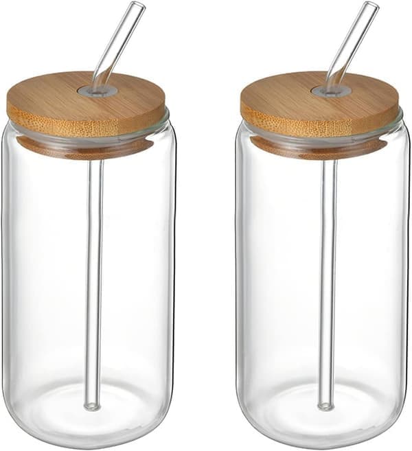 2 stk drikkeglass med bambuslokk og sugerør, ølglass for iskaffe, melkekaffe, isvann, cocktail (500 ml)