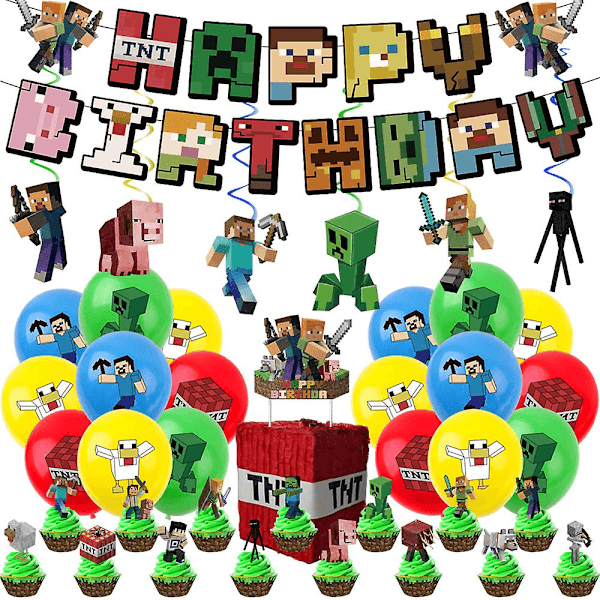 Minecraft-tema barnebursdagsfestartikler dekorasjoner ballonger banner kaketopper sett-XF27-