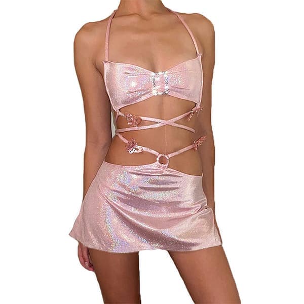 Skinnende Mini Skjørt Sett Dame, Side Snøring Høy Midje Skjørt med Knyting i Ryggen Halter Topp, Våt Look Holografisk Todelt Antrekk for Fest
