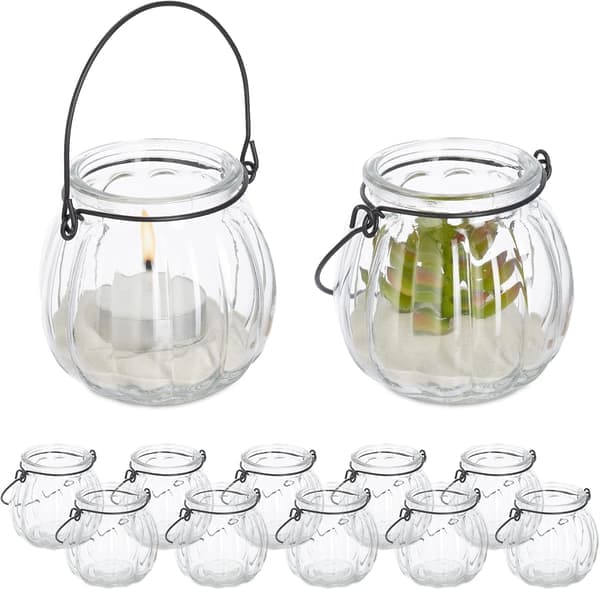 Sett med 12 glass telysholdere med håndtak, H x D: 7,5 x 8 cm, rundt glass for lys, transparent