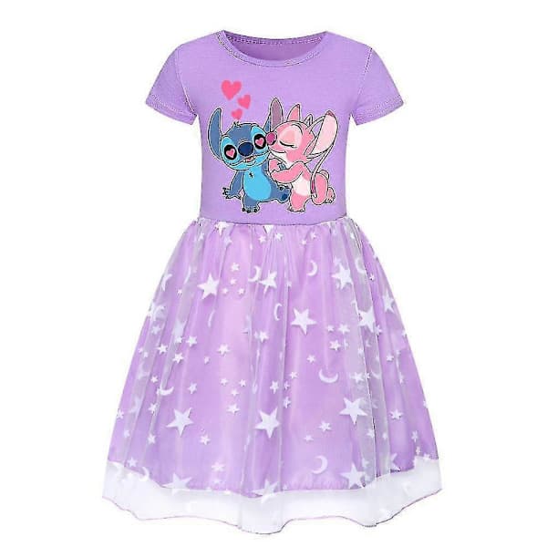 Barne Jenter Lilo & Stitch Tegneserie Trykk Kjole Tyll Skjørt Bursdagsfest Cosplay Fancy Kjole Lilla 5-6 Šr