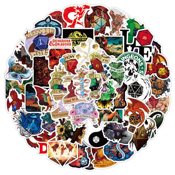 50 stk. Dungeons & Dragons-tema graffiti-klistremerker for telefoner, vannflasker, notatbøker og bagasje; vanntette dekorative klistremerker