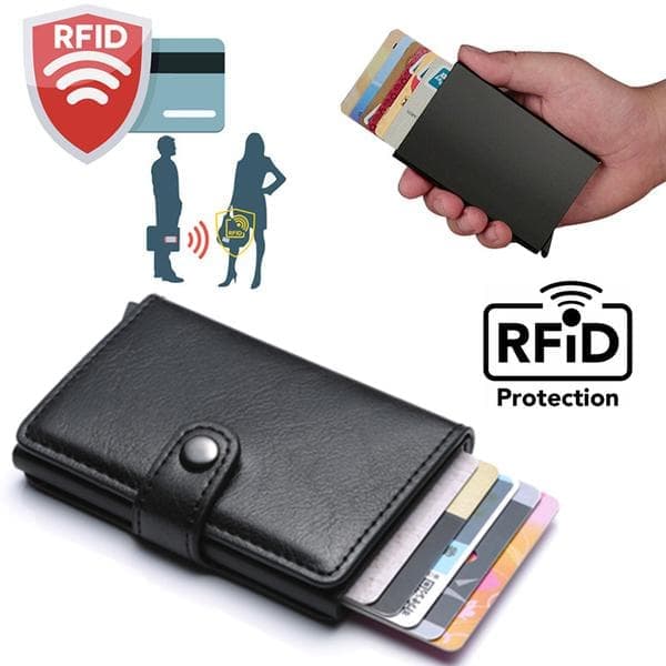 Sort RFID NFC Beskyttelse Lommebok Kortholder 5 stk Kort (Ekte Lær) Svart