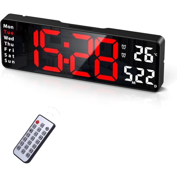 Digital klokke, 13\" stor skjerm Digital veggklokke for stueinnredning, LED-veggklokke med fjernkontroll, timer, 12/24H
