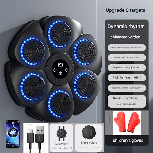 Musikk Boksemaskin, Smart Veggmontert Boksemaskin - Leveres med et par boksehansker for voksne, Bluetooth, 9 hastighetsinnstillinger og en