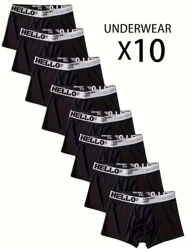 10-pakning \"Hello\" trykte boxershortser for menn, komfortabelt sportsundertøy, stilig, pustende, svært elastisk, hurtigtørkende sportsundertøy