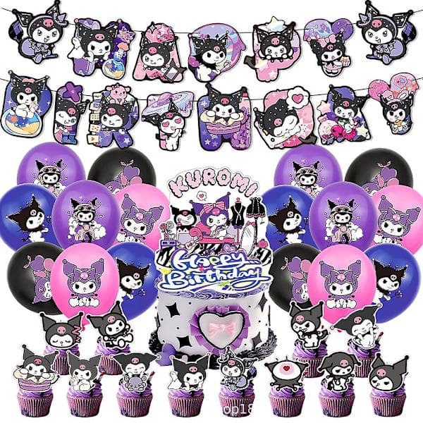 Sanrio Kuromi Barnebursdag Dekorasjoner Sett med Ballonger, Banner, Kaketopper og Tilbehør, D