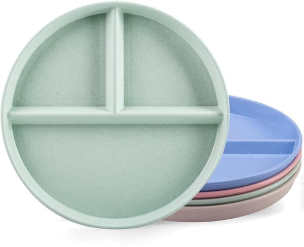 Sett med 4 flate tallerkener for voksne med rom for mat, oppvaskmaskin- og mikrobølgeovnsikker