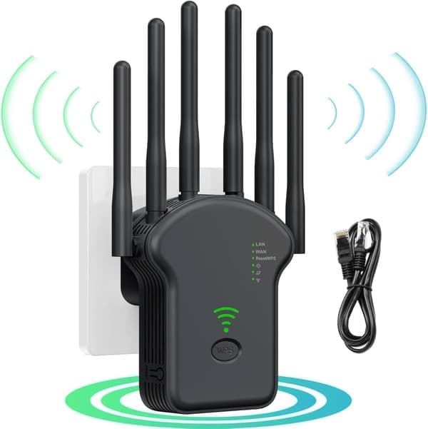 WiFi-forlenger 1200 Mbps med 6 antenner for bredere dekning, enkelt oppsett WiFi-repeater, inkluderer Ethernet-kabel, svart