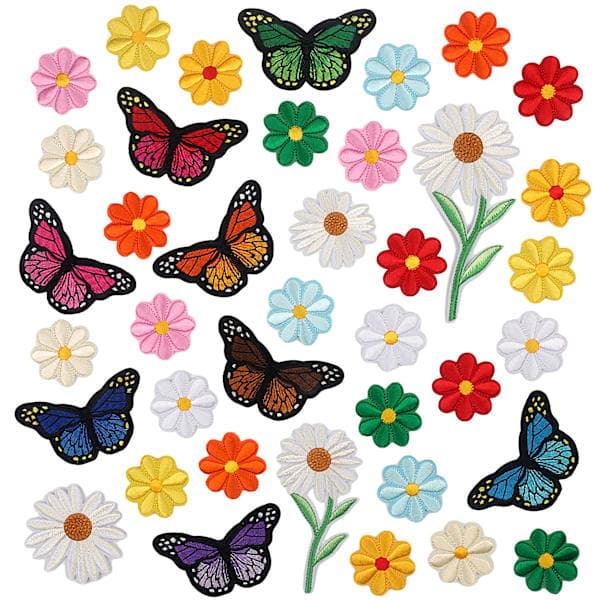 39 stk broderte blomsterstrykejern på merker sommerfugl tusenfryd applikasjon dekorasjon symerker for klær vesker luer jakker hatt dongeri