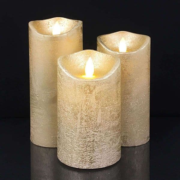 LED blokklys - rustikk - 3 stk. - 10/12,5/15 cm - med 3D-flamme - (flere farger)
