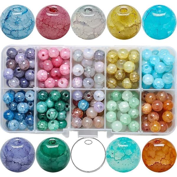 Runde Crackle Krystallperler, 200 stk Blandede Glassperler 15 Farger 8mm
