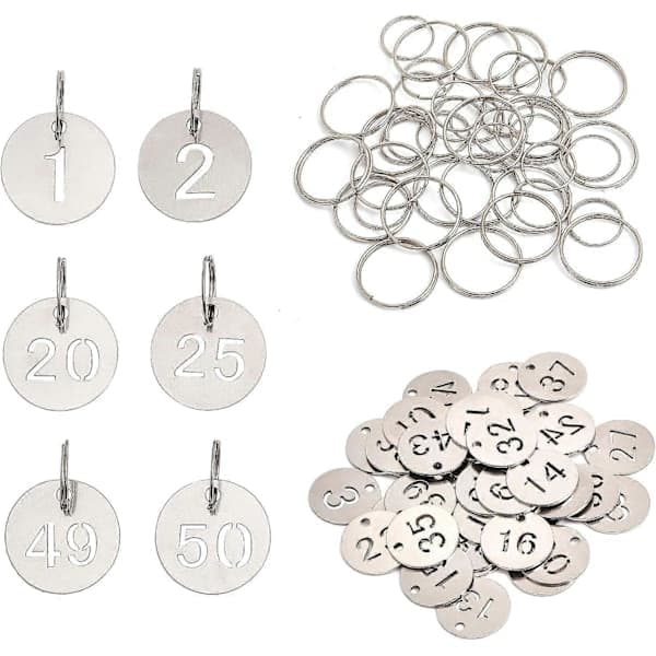 50 stk. Nummerlapper Rustfritt Stål Metall Runde Nummererte Lapper ID Nummerlapper Identifikasjon Hengende Etiketter med 50 stk. Nøkkelringer (1-50)