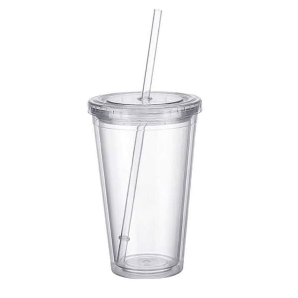 Dobbelvegget plastkopp med lokk og sugerør, isolert kaffekopp, 500 ml, transparent