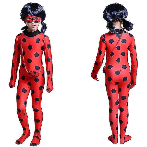 Bimirth Kids Girl Ladybug Cosplay Set Halloween Party Jumpsuit Fancy Dress Kostym med ögonbindel, peruk, väska-yky NX