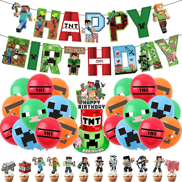 Minecraft-tema bursdagsfestballonger banner kakedekorasjoner [DB]