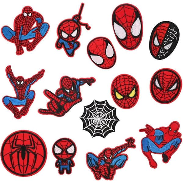 14 stryke-på-merker, Spiderman-merker for brodering av klær, applikasjoner for å sy på jakker, ryggsekker, jeans (hud)