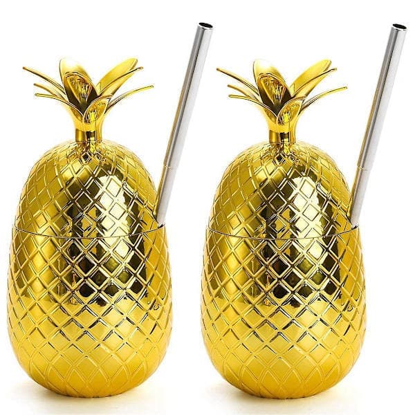 2-pakning Ananas Drikkekrus, 450 ml Gull Ananas med Uttrekkbart Sugerør, Hawaii Luau Festkrus