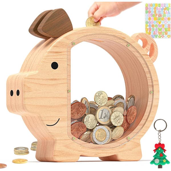 Treflåte for barn i tre, søt sparegris, ubruddbar tremyntboks, kreativ sparebøsse for penger, personlige gaver