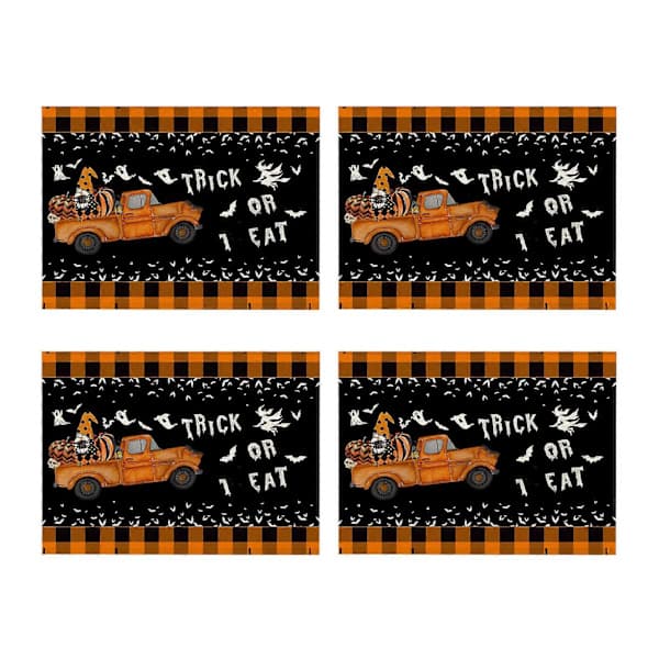 Jule- og sesongdekor: 4 oransje Jack-O-Lantern Halloween-brikker, reversible varmebestandige bordbrikker for høytidsdekor.