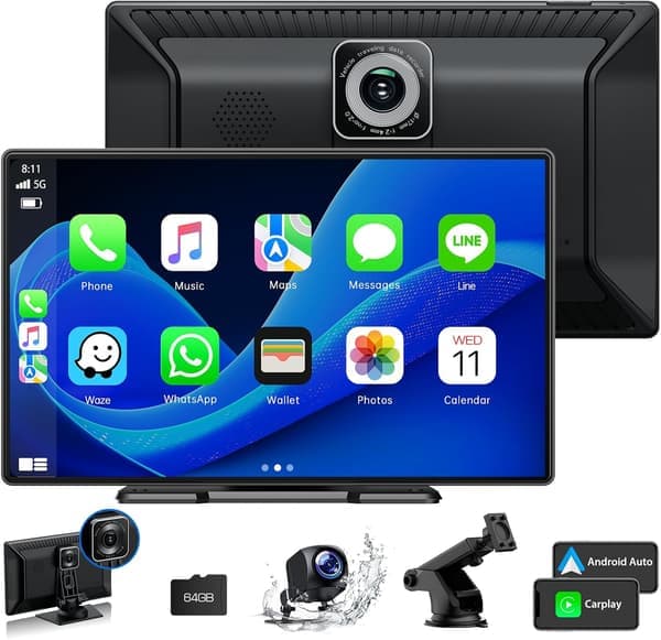 9'' Carplay-skjerm for bil med 2.5K Dash Cam, 1080p ryggekamera, trådløs CarPlay Android Auto-skjerm med speilkobling – kun engelsk