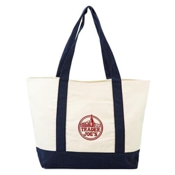 Trader Joe's Gjenbrukbar Canvas Eco Tote Bag Shopping Heavy Duty Veske Blå Hvit