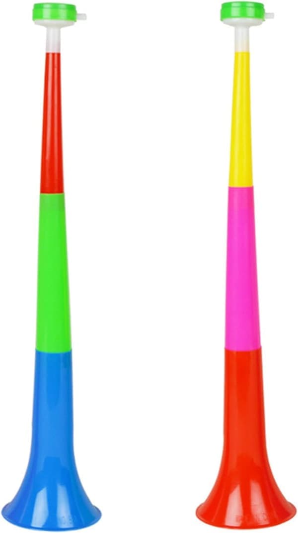 2 stk (tilfeldig farge) plast vuvuzela trompeter heiarop heiarop trompet veldig høyt horn vifte tilskuer horn støymaker trompet sportsfeiringer st