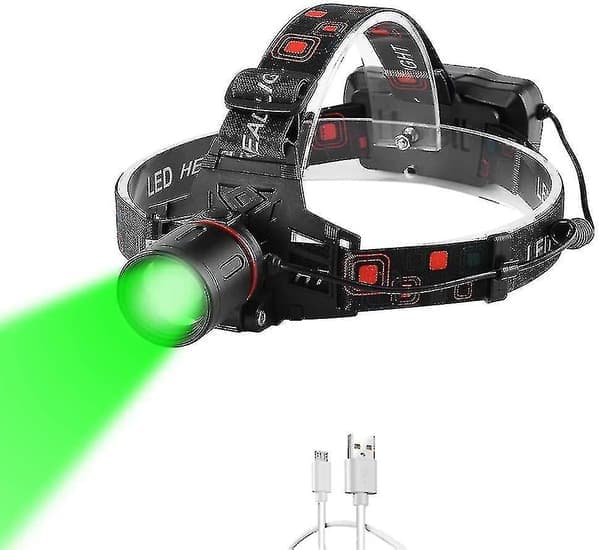 Grønt lys hodelykt for nattsyn, ultralys grønn pannelykt USB oppladbar led jaktstrålkaster