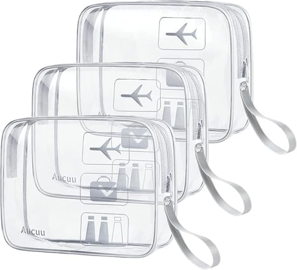 Gjennomsiktig toalettmappe, reisesett for fly, sminkeveske i vanntett PVC for reiser, oppbevaringsveske for reiser med fly, 3 stk.