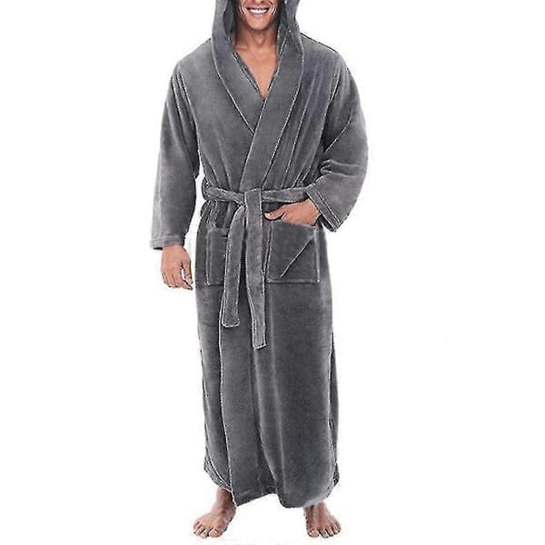 Varm fleece morgenkåpe med hette for menn, lang badekåpe i frotté