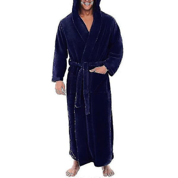 Varm fleece morgenkåpe med hette for menn, lang badekåpe i frotté
