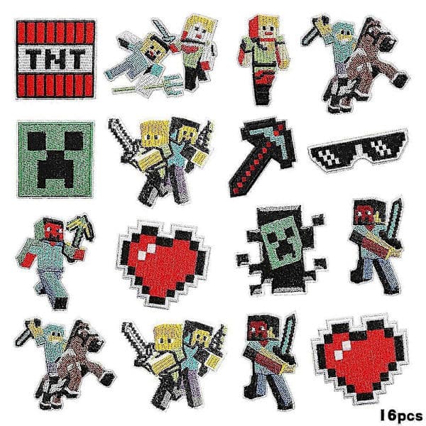 16 stk. Minecraft-serie broderte merker, sy på eller stryk på dekorativt merkeapplikasjon for klær, kjole, hatt, jeans, DIY-tilbehør